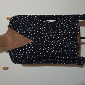 Lucky Brand Black Long Sleeve V-Neck Peplum Blouse with White Dot Print